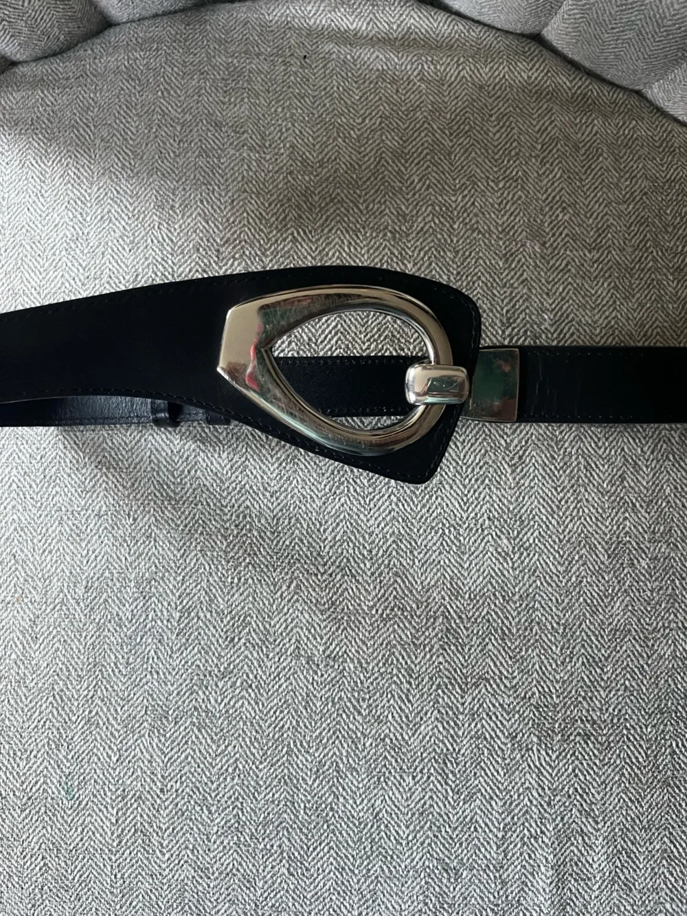 Black Leather Belt with teardrop silver tone buckle